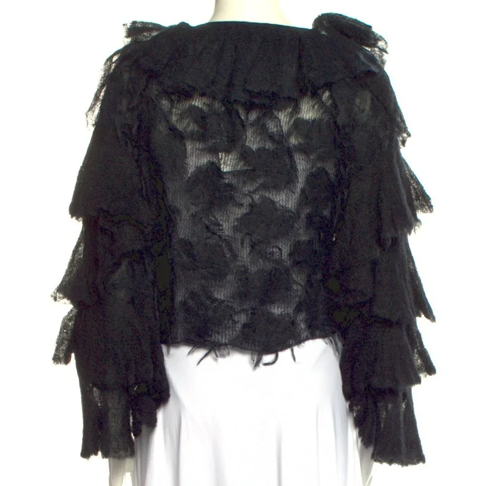 2009 CHANEL 09A Gossamer Mohair Knit Ruffled Fantasy Evening Jacket Black FR-38